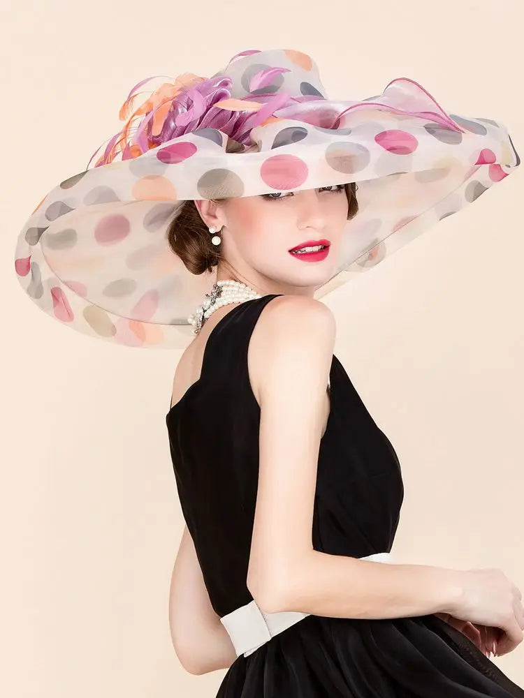FADVES Women's Colorful/Wide Brim Polka Dot Organza Wedding/Kentucky Derby Church Hats