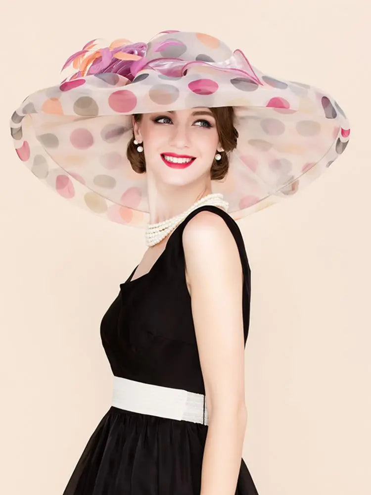 FADVES Women's Colorful/Wide Brim Polka Dot Organza Wedding/Kentucky Derby Church Hats