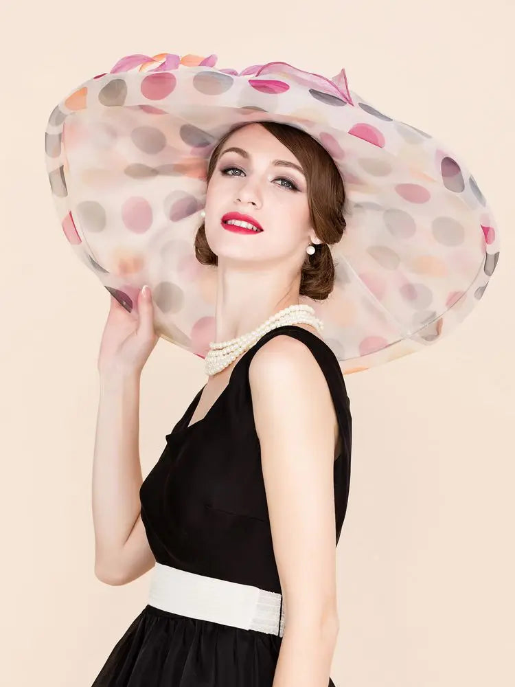 FADVES Women's Colorful/Wide Brim Polka Dot Organza Wedding/Kentucky Derby Church Hats