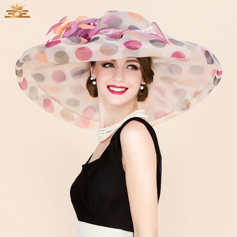 FADVES Women's Colorful/Wide Brim Polka Dot Organza Wedding/Kentucky Derby Church Hats