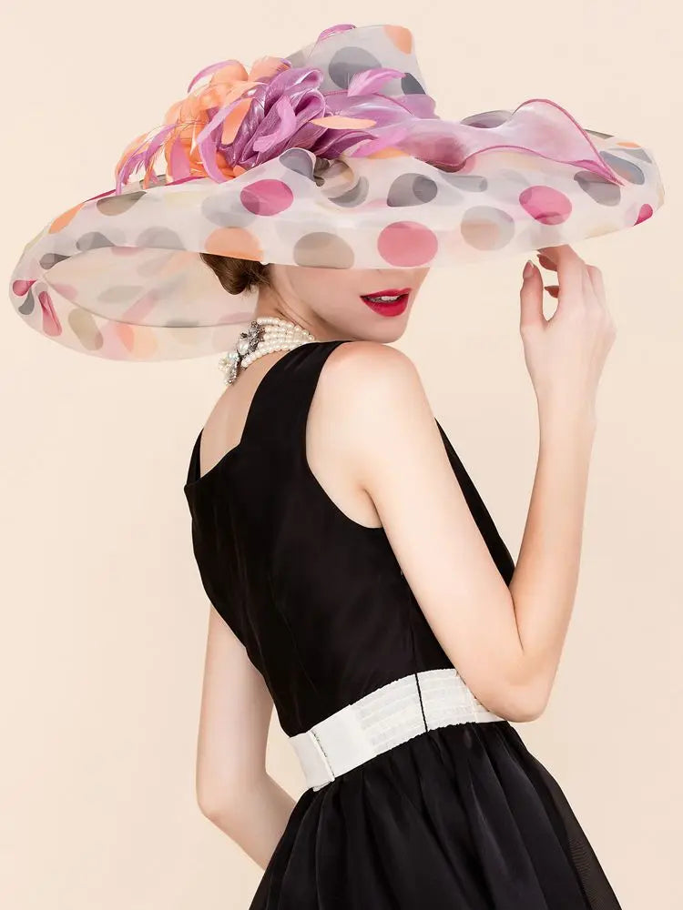 FADVES Women's Colorful/Wide Brim Polka Dot Organza Wedding/Kentucky Derby Church Hats