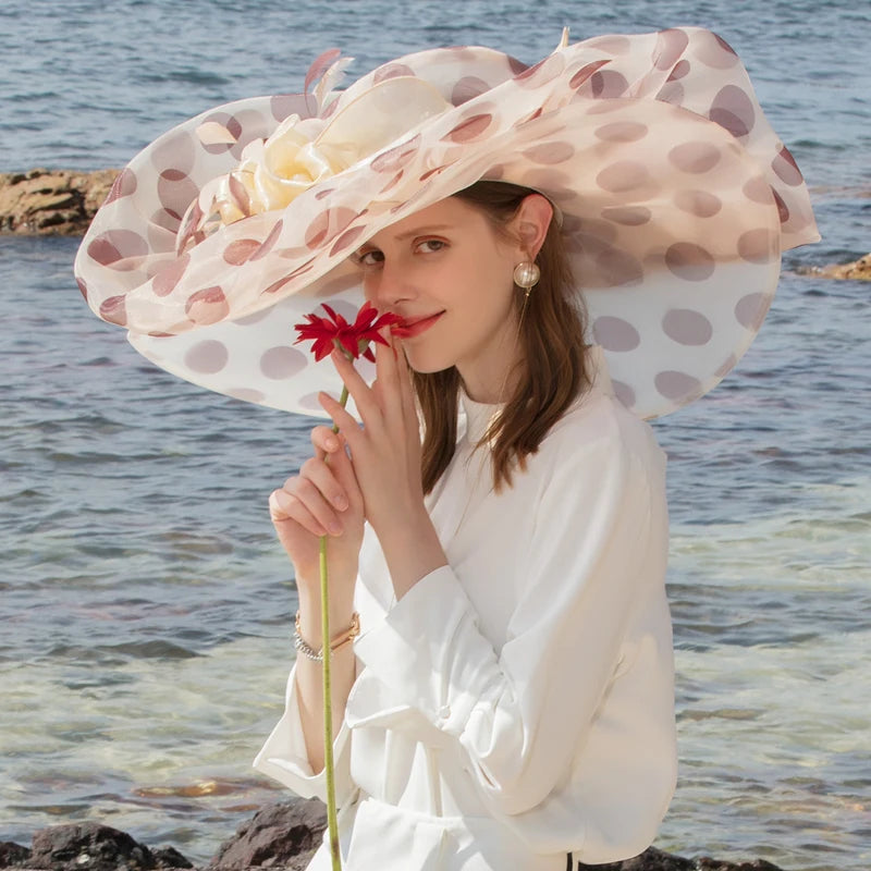 FADVES Women's Colorful/Wide Brim Polka Dot Organza Wedding/Kentucky Derby Church Hats