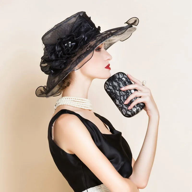 FADVES Womens Top Hat Big Flower Organza Church Kentucky Fascinator Tea Party Wedding Hats