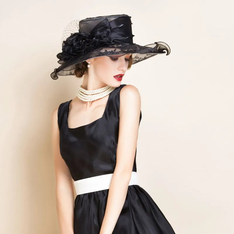 FADVES Womens Top Hat Big Flower Organza Church Kentucky Fascinator Tea Party Wedding Hats