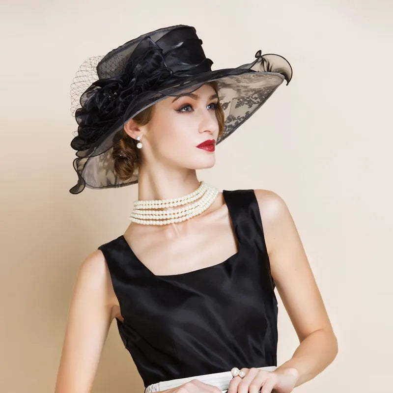 FADVES Womens Top Hat Big Flower Organza Church Kentucky Fascinator Tea Party Wedding Hats