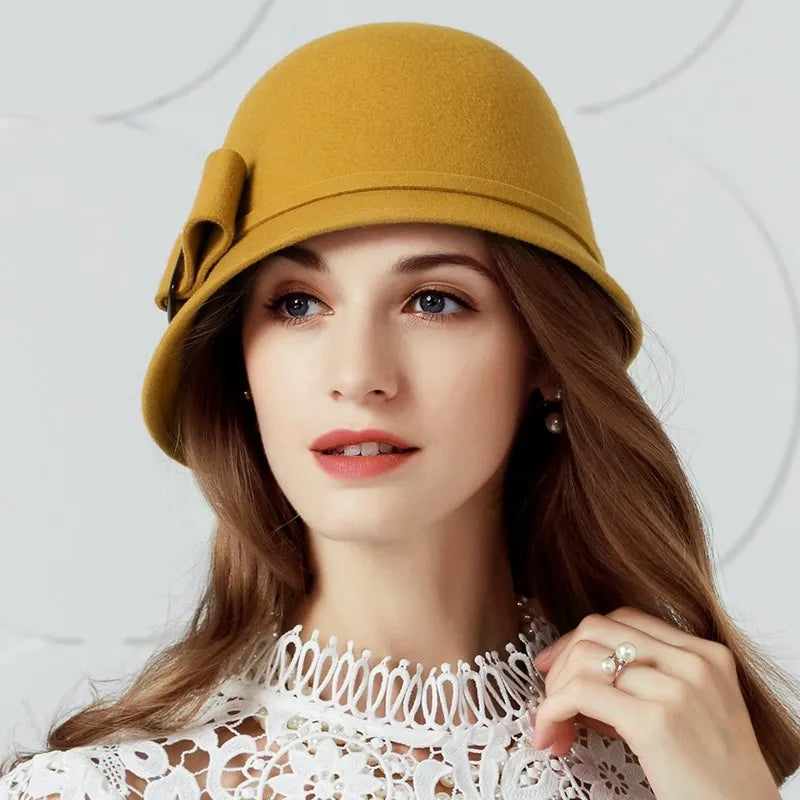 FADVES Women Solid Color 100% Wool Winter Hat Women Cloche Bucket Bowler with Bowknot 5003