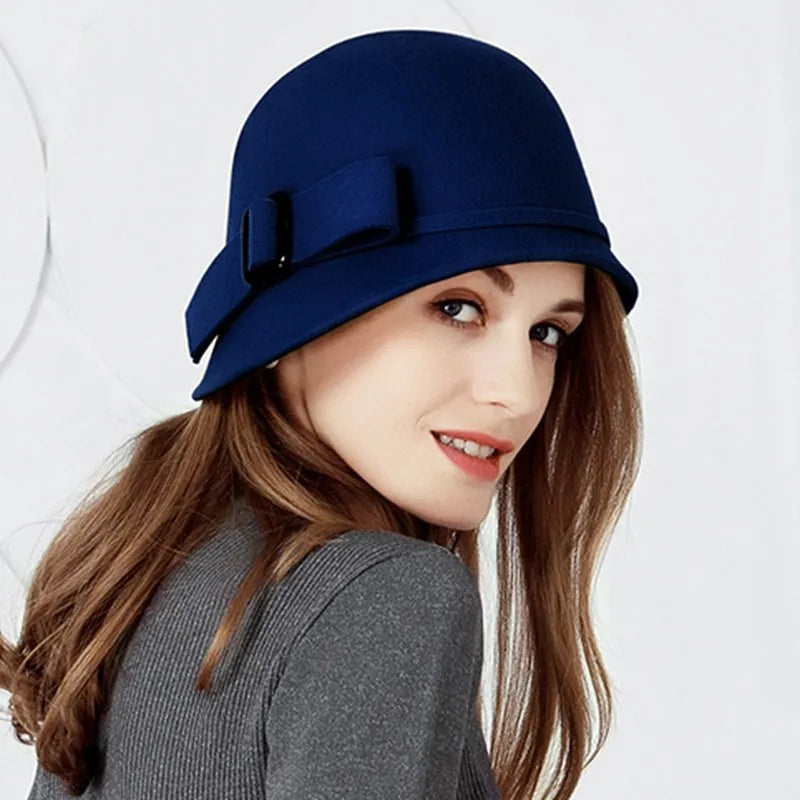 FADVES Women Solid Color 100% Wool Winter Hat Women Cloche Bucket Bowler with Bowknot 5003