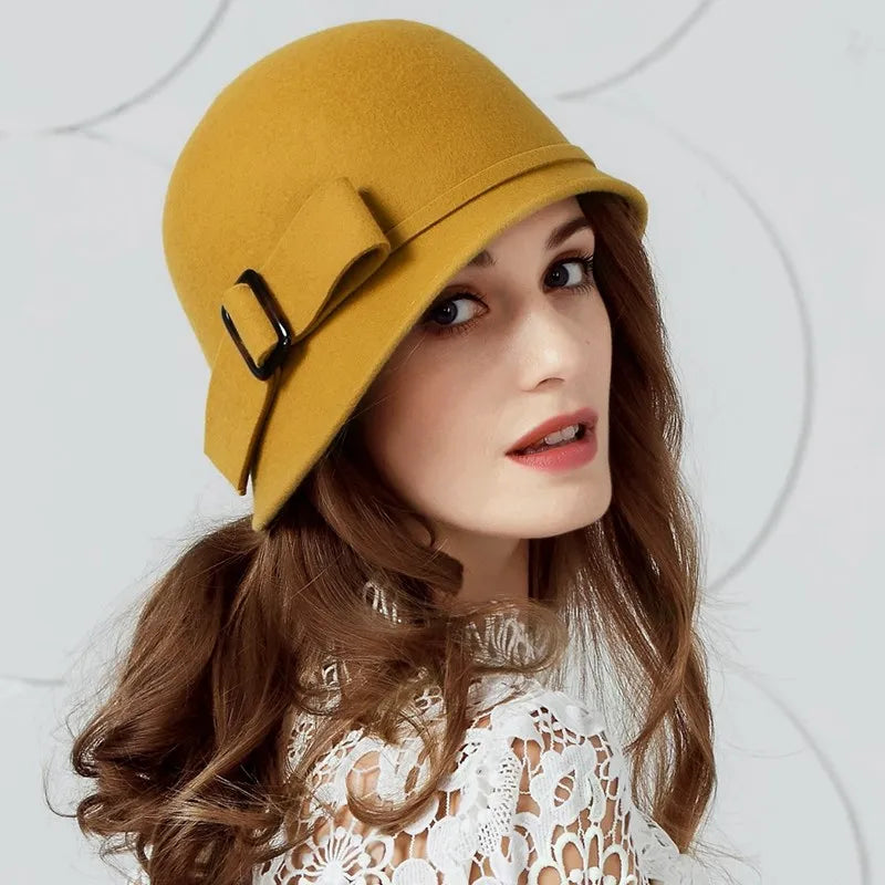 FADVES Women Solid Color 100% Wool Winter Hat Women Cloche Bucket Bowler with Bowknot 5003