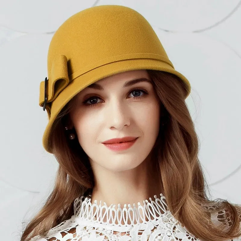 FADVES Women Solid Color 100% Wool Winter Hat Women Cloche Bucket Bowler with Bowknot 5003