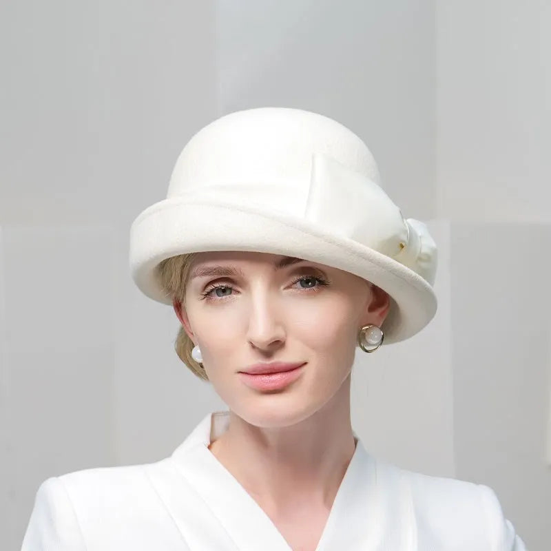 EE 5008 Autumn and Winter New Versatile Elegant Women's Top Hat Wool White Bow Curled Hat