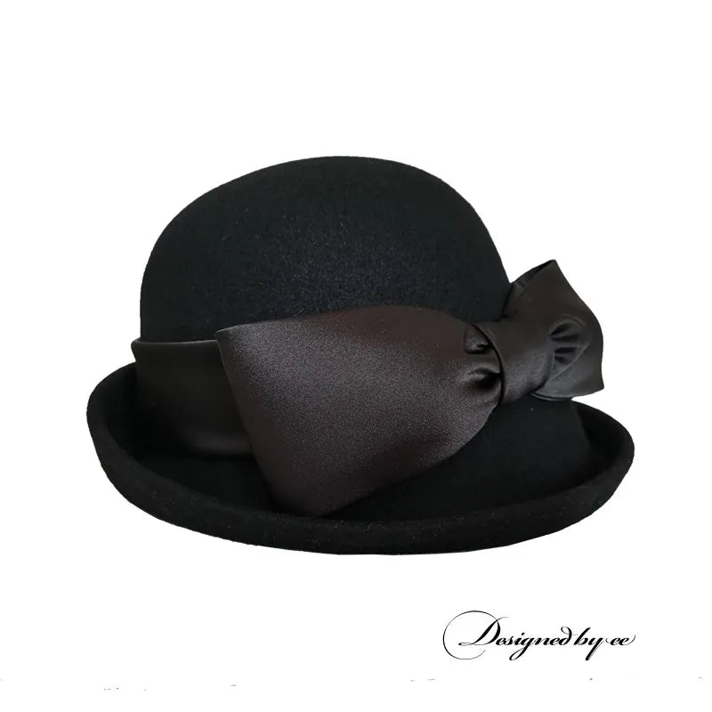 EE 5008 Autumn and Winter New Versatile Elegant Women's Top Hat Wool White Bow Curled Hat