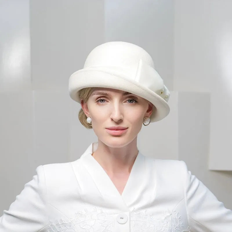 EE 5008 Autumn and Winter New Versatile Elegant Women's Top Hat Wool White Bow Curled Hat