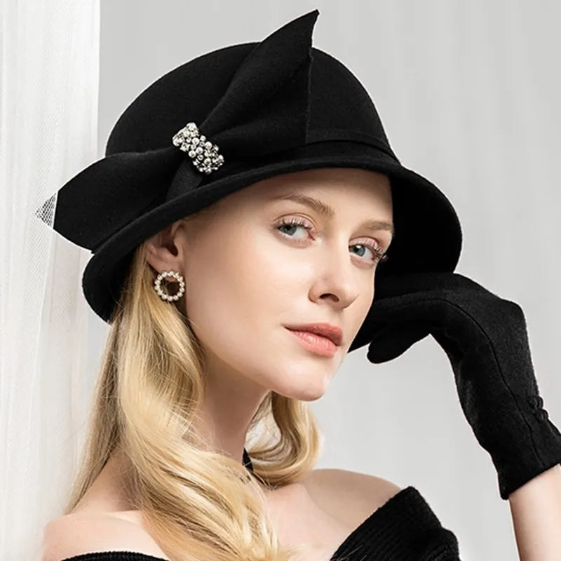 EE 5011 autumn and winter new wool hat autumn travel British hat women diamond bow wool hat