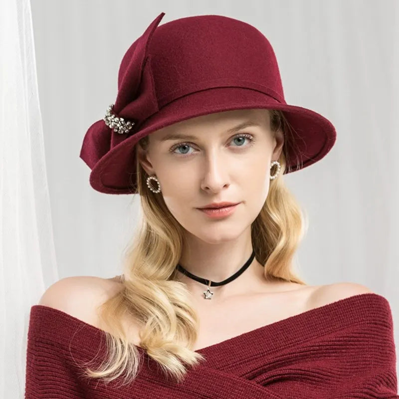 EE 5011 autumn and winter new wool hat autumn travel British hat women diamond bow wool hat