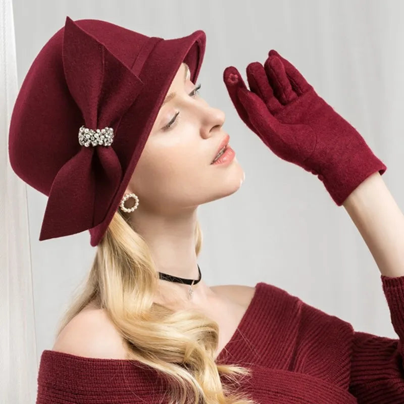 EE 5011 autumn and winter new wool hat autumn travel British hat women diamond bow wool hat