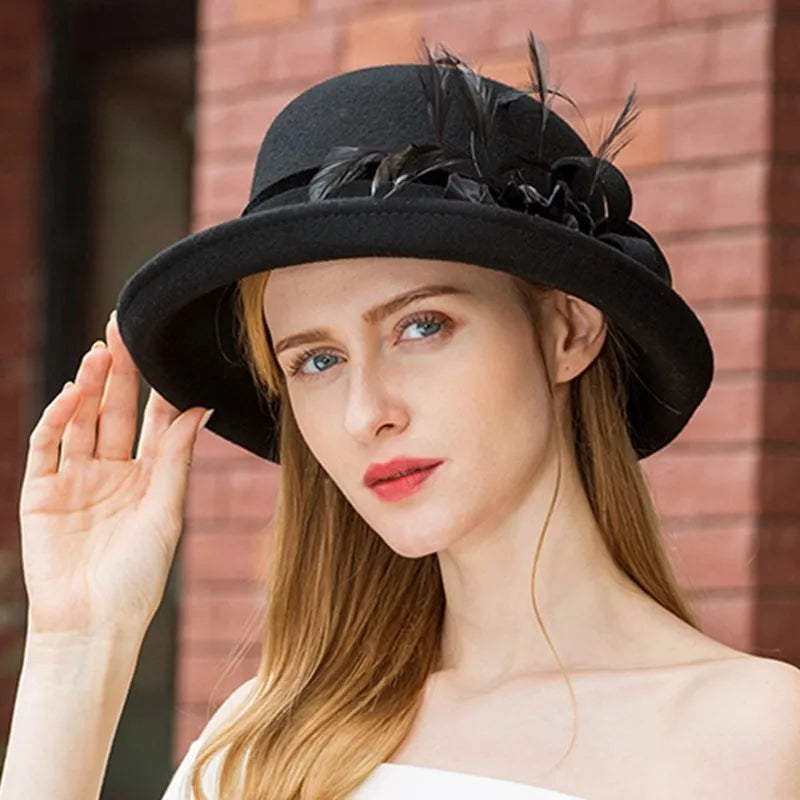 EE 5015 Autumn/Winter wool feather hat everything with winter elegant black curled-brimmed hat female autumn