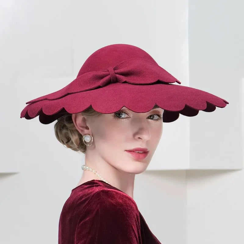 EE 5028 new winter irregular edge of pure wool big brim hat bowknot felt trilby female restoring ancient ways