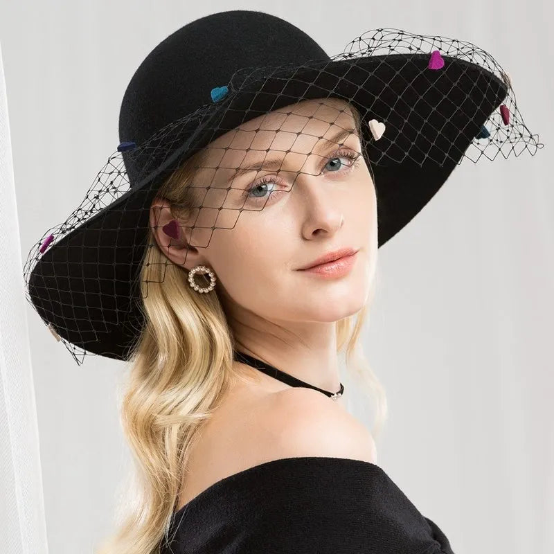EE 5031 Autumn-winter British vintage wool top hat elegant hundred mesh large eaves winter black women's hat women