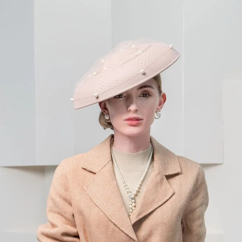 Elegant Wide Brim Fascinator Hat, Wool, Pearl Embellished Mesh Veil, Church Wedding Party Formal Wear 5083