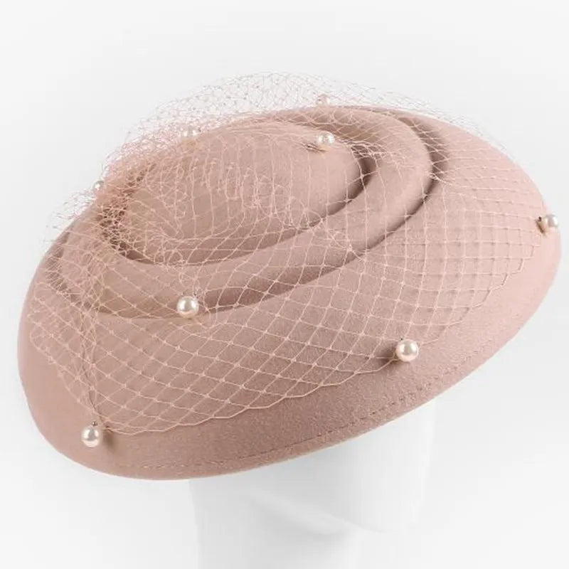 Elegant Wide Brim Fascinator Hat, Wool, Pearl Embellished Mesh Veil, Church Wedding Party Formal Wear 5083
