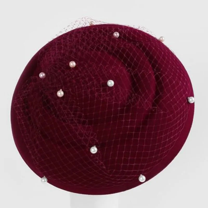Elegant Wide Brim Fascinator Hat, Wool, Pearl Embellished Mesh Veil, Church Wedding Party Formal Wear 5083