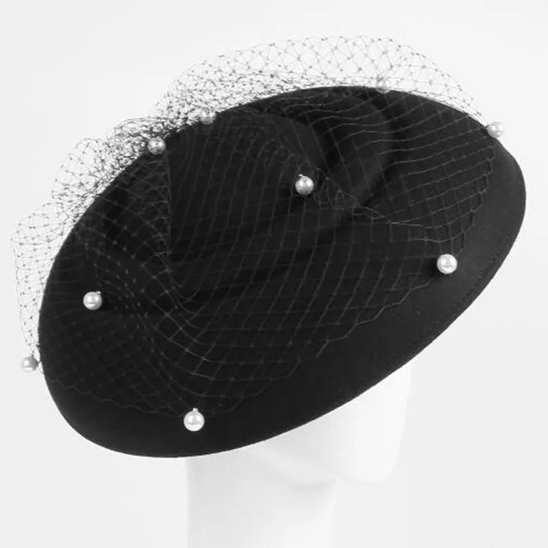 Elegant Wide Brim Fascinator Hat, Wool, Pearl Embellished Mesh Veil, Church Wedding Party Formal Wear 5083