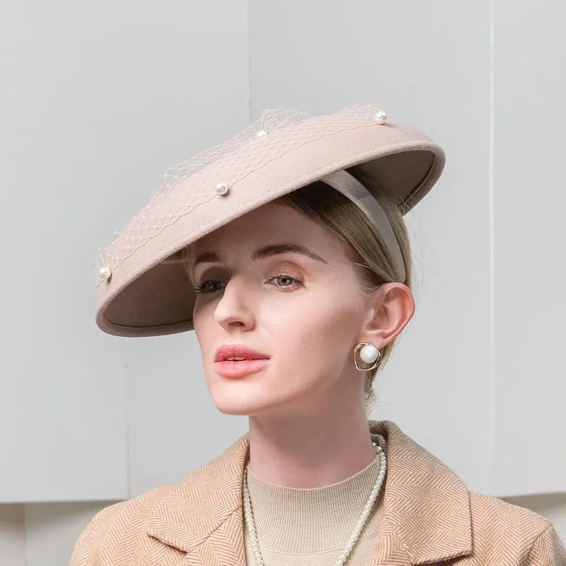 Elegant Wide Brim Fascinator Hat, Wool, Pearl Embellished Mesh Veil, Church Wedding Party Formal Wear 5083