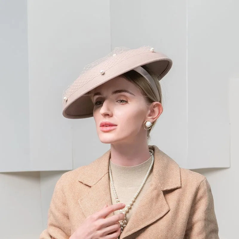 Elegant Wide Brim Fascinator Hat, Wool, Pearl Embellished Mesh Veil, Church Wedding Party Formal Wear 5083
