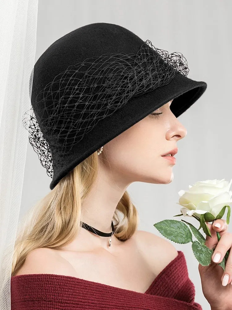 EE 5114 new winter hat for women British woolen gauze net celebrity banquet adult top hat