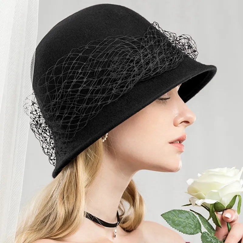 EE 5114 new winter hat for women British woolen gauze net celebrity banquet adult top hat