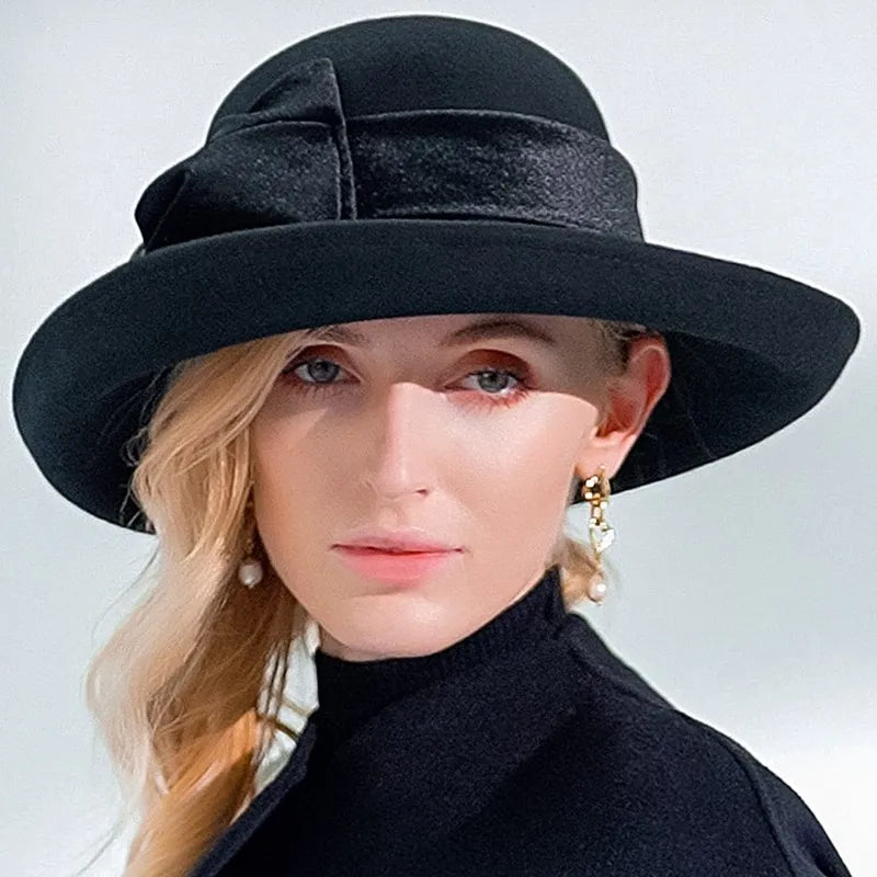 EE 5124 Autumn and Winter New Bow Elegant Wool Top Hat British Versatile Wool Women's Top Hat
