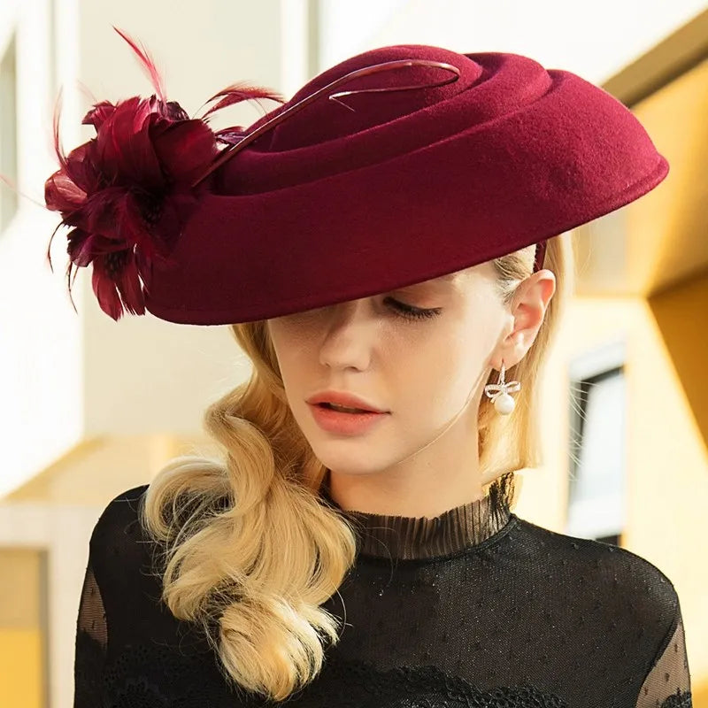 EE 5145 Autumn and winter new English feather banquet adult small top hat elegant everything wool hat woman
