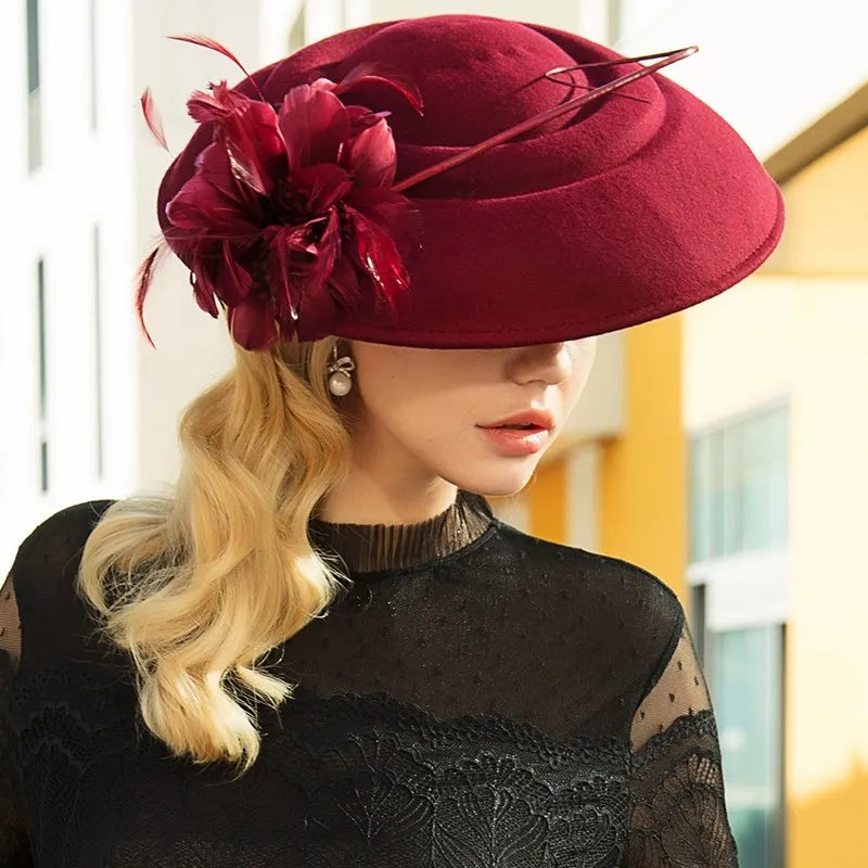 EE 5145 Autumn and winter new English feather banquet adult small top hat elegant everything wool hat woman