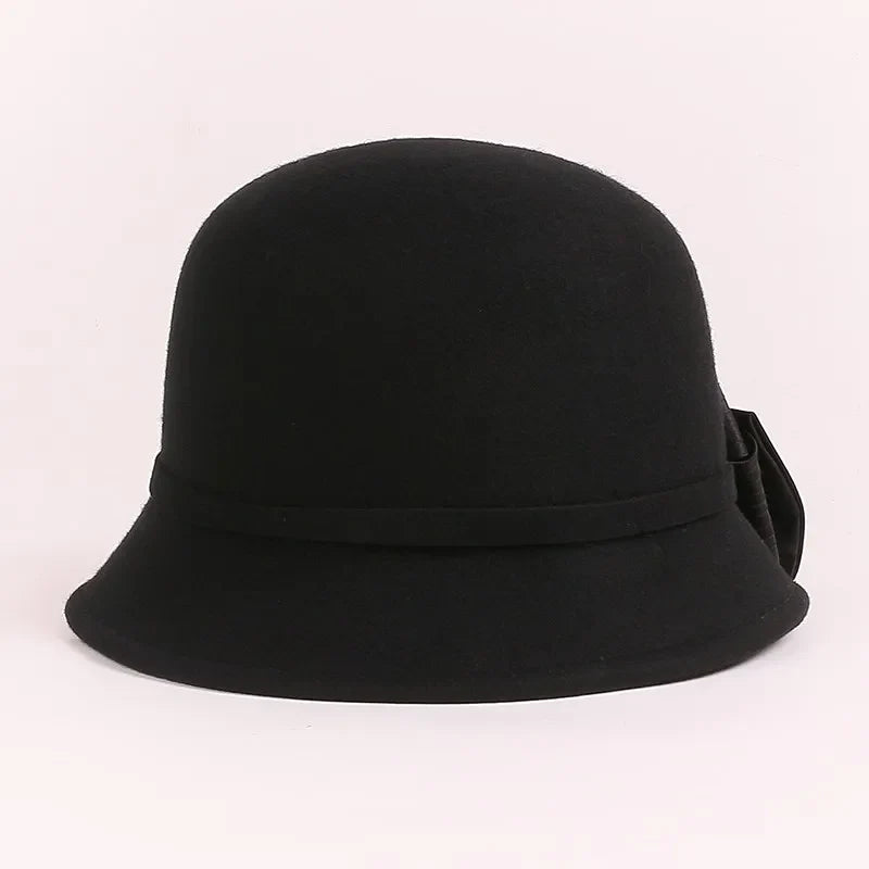 FADVES Elegant Wool Cloche Hat, Beige with Bow Detail, Church Wedding Formal Wear, Classic Bowler Style 5146