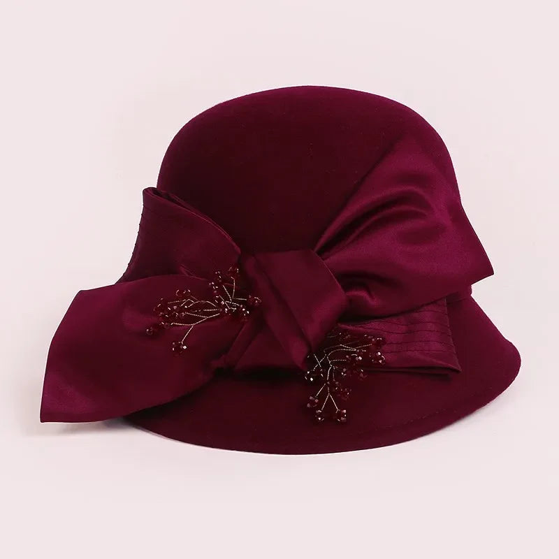FADVES Elegant Wool Cloche Hat, Beige with Bow Detail, Church Wedding Formal Wear, Classic Bowler Style 5146