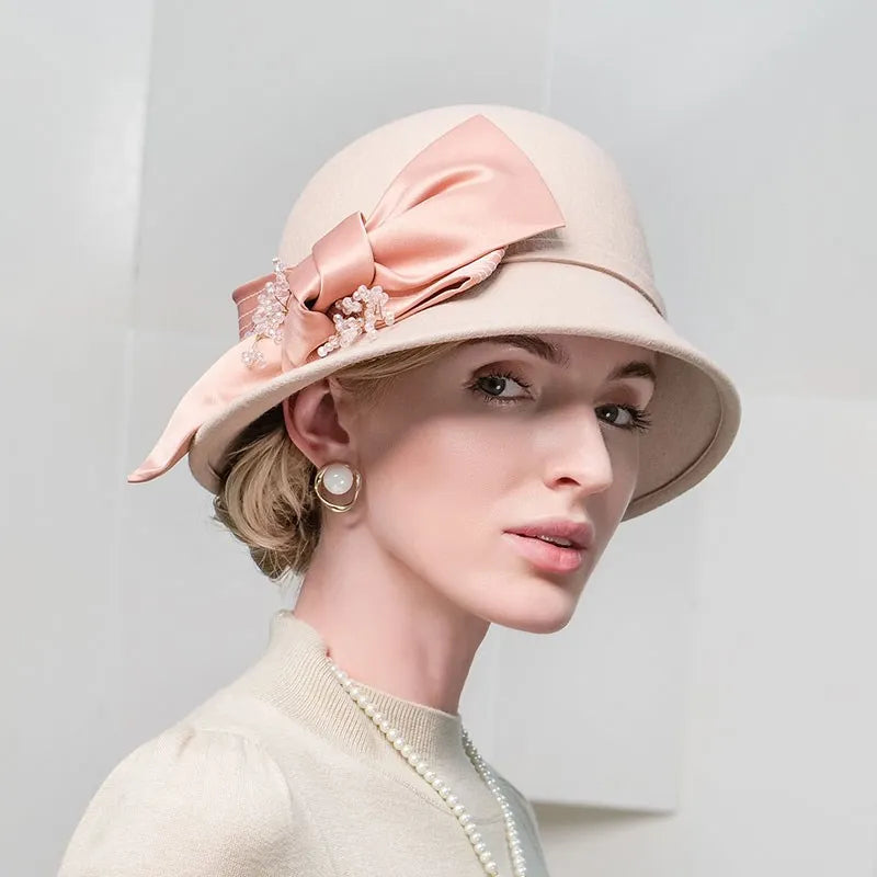FADVES Elegant Wool Cloche Hat, Beige with Bow Detail, Church Wedding Formal Wear, Classic Bowler Style 5146