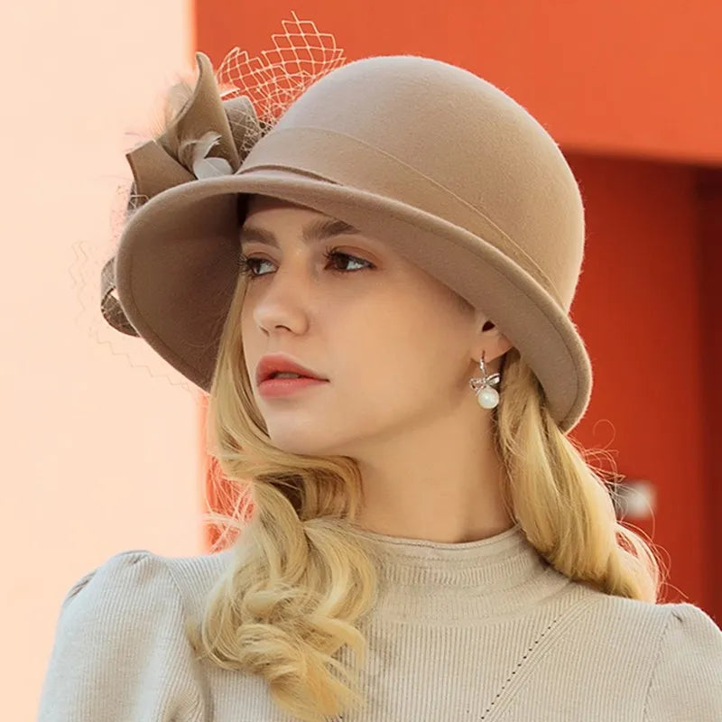 EE 5157 Autumn hat Women's casual bowler hat Autumn and winter flower short brim hat English wool hat
