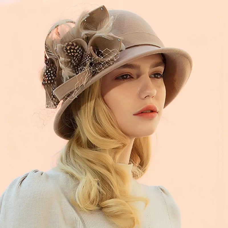 EE 5157 Autumn hat Women's casual bowler hat Autumn and winter flower short brim hat English wool hat