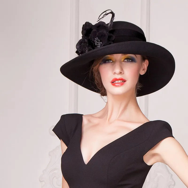 EE 5159 autumn and winter elegant top hat women's black woolen hat with British large overhang flower felt hat wool felt hat