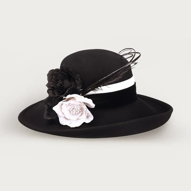 EE 5159 autumn and winter elegant top hat women's black woolen hat with British large overhang flower felt hat wool felt hat