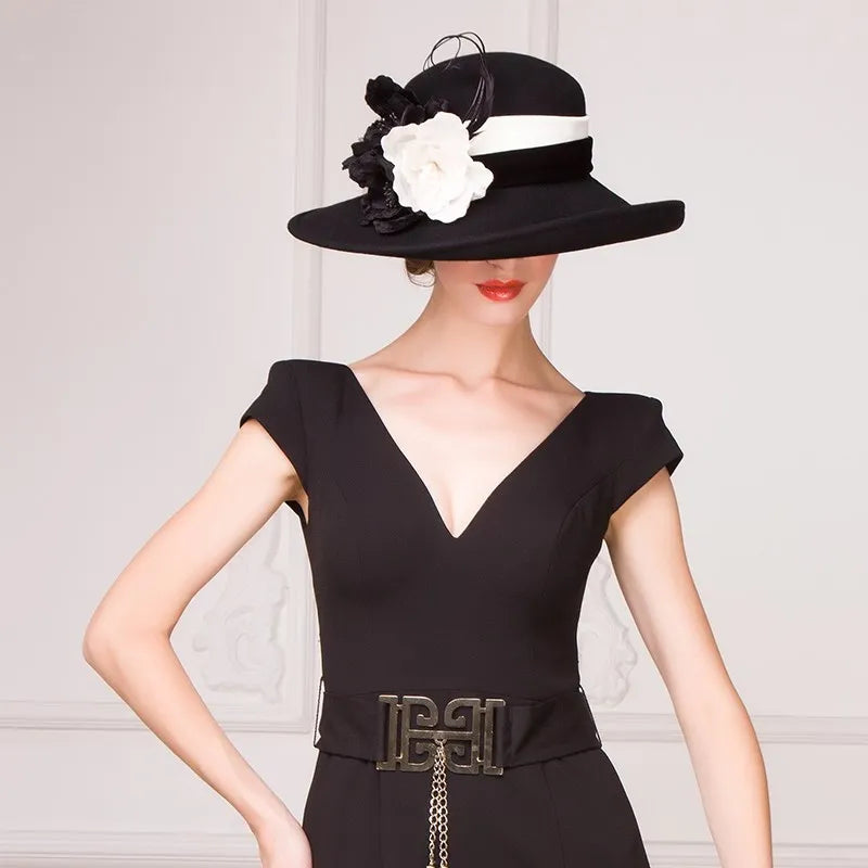 EE 5159 autumn and winter elegant top hat women's black woolen hat with British large overhang flower felt hat wool felt hat