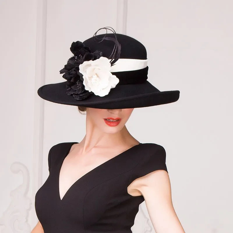 EE 5159 autumn and winter elegant top hat women's black woolen hat with British large overhang flower felt hat wool felt hat