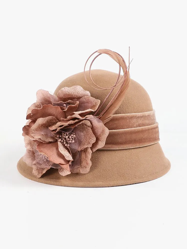 EE 5163 Autumn and Winter tide English woolen hat Winter warm feather felt hat everything with flower wool hat female winter