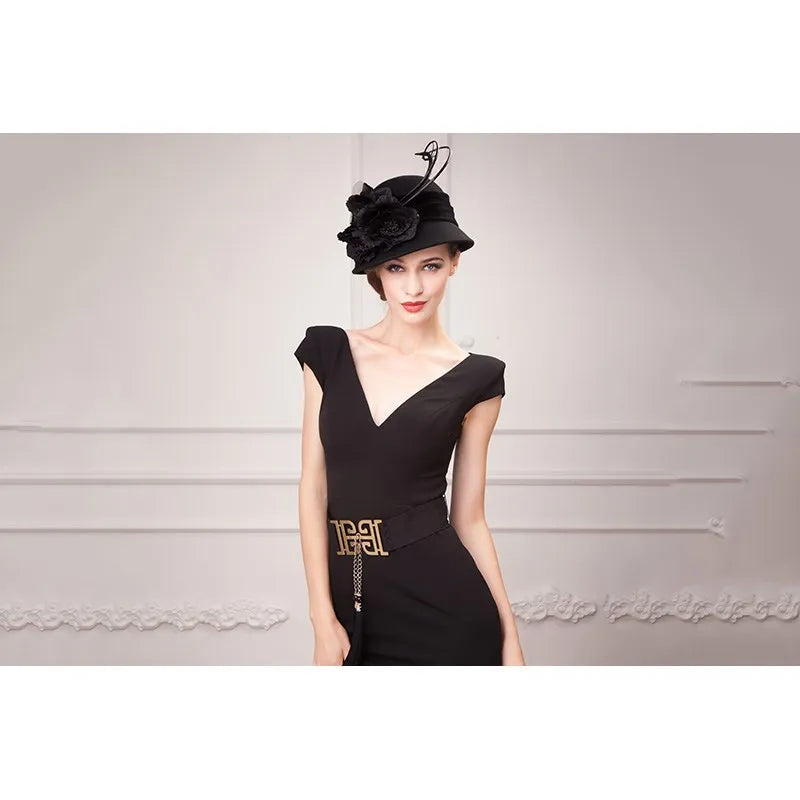EE 5163 Autumn and Winter tide English woolen hat Winter warm feather felt hat everything with flower wool hat female winter