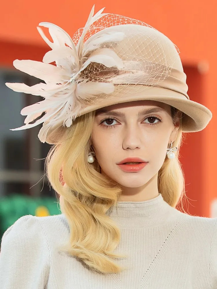 EE 5164 Autumn/Winter wool top Hat Feather rhinestone dome warm woolen hat for women