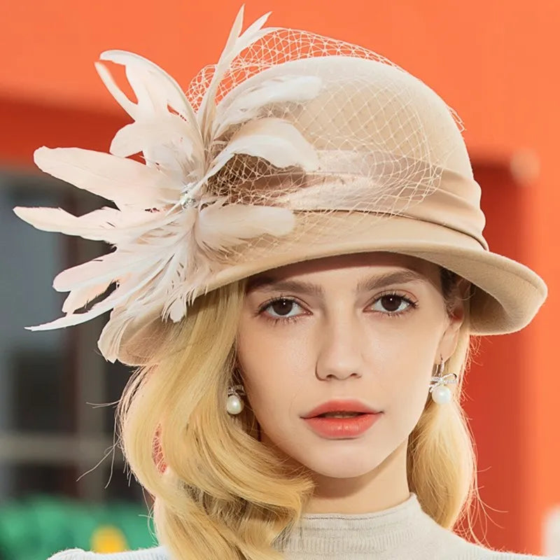 EE 5164 Autumn/Winter wool top Hat Feather rhinestone dome warm woolen hat for women