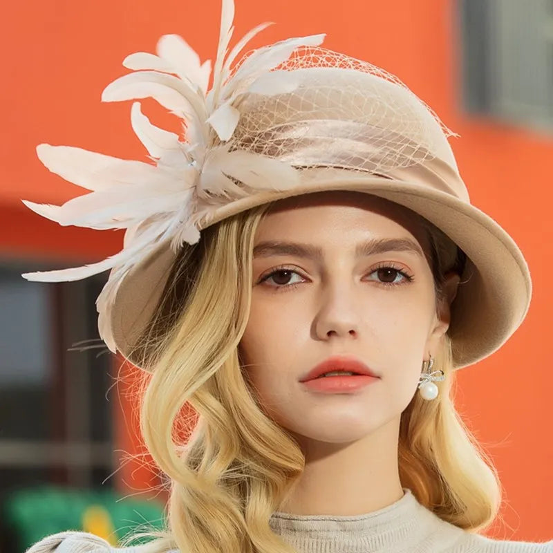 EE 5164 Autumn/Winter wool top Hat Feather rhinestone dome warm woolen hat for women