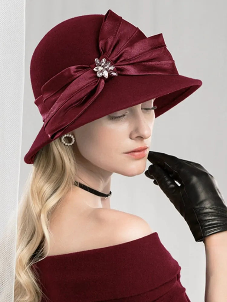 EE 5167 bowknot adornment new winter diamond dome aristocratic temperament eaves wool hat in the wind
