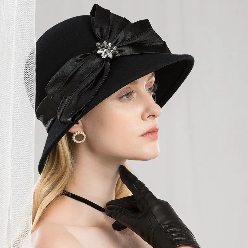 EE 5167 bowknot adornment new winter diamond dome aristocratic temperament eaves wool hat in the wind