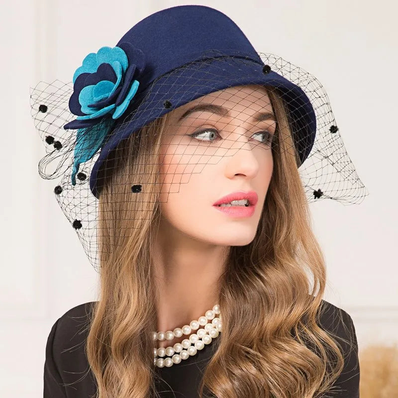 EE 5227 new hat women's autumn wool felt hat winter shopping flower ladies small top hat travel woolen hat